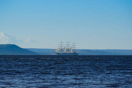 Vintage white sailboat on the background of the seascape. Vladivostok, Russia