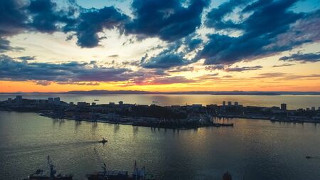 Vladivostok, Russia. Aerial view of the cityscape at sunset.の写真素材