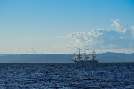 Vintage white sailboat on the background of the seascape. Vladivostok, Russiaの写真素材