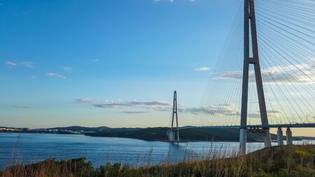 Seascape with a view of the Russian bridge. Vladivostok, Primorsky Krai.の写真素材