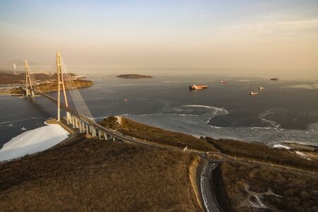 Seascape with a view of the Russian bridge. Vladivostok, Primorsky Krai.の写真素材