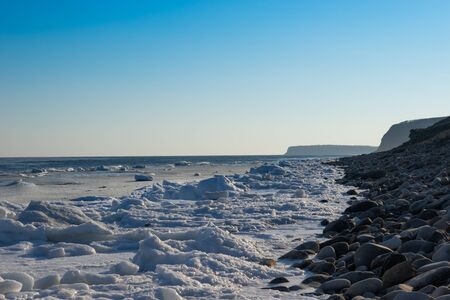 Marine landscape with views of the icy shore in winterの写真素材