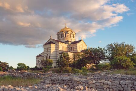 Sevastopol, Crimea-June 7, 2016: Vladimir Cathedral in Chersonesos - the Orthodox Church of the Moscow Patriarchate on the territory of Tauric Chersonesosの写真素材