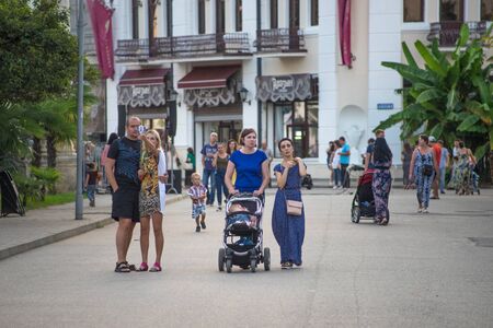 Sukhumi, Abkhazia-September 9, 2016: The city skyline overlooking the tourist street, and people.のeditorial素材