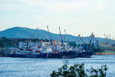 Vladivostok, Russia - August 11, 2018: Seascape with warships at the pier.のeditorial素材