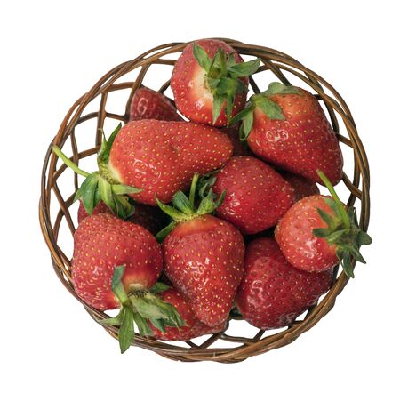 Red berry strawberry in basket on white isolated backgroundの写真素材