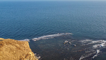 Aerial view of the seascape overlooking the rocks. Vladivostok, Russian island.