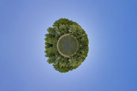 A small planet of water surface and trees against the blue sky.の写真素材