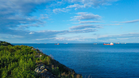 Seascape with views of the sea and ships.