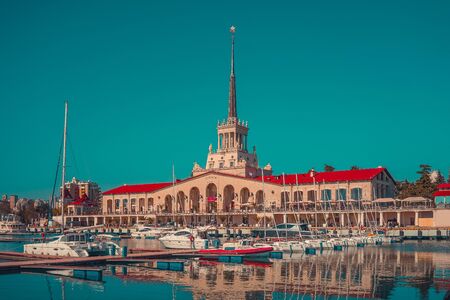 Sochi, Russia-April 25, 2015: Urban landscape with views of the sea station and yachts.のeditorial素材