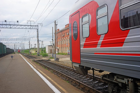 Vokzal, Russia-June 3, 2015: a Railway carriage on a landscape background.のeditorial素材