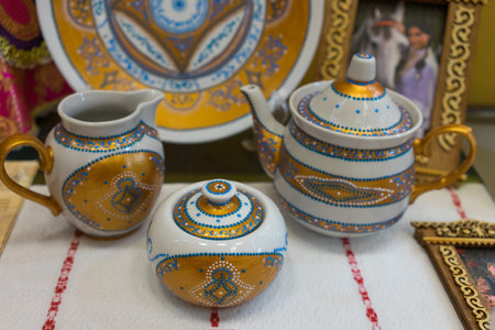 Sochi, Russia-September 24, 2017: Hand-painted porcelain tableware.のeditorial素材