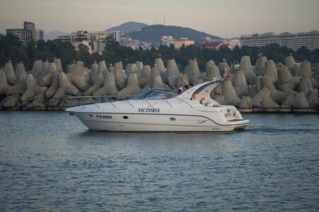 Sochi, Russia-October 8, 2016: Marine landscape with views of the beautiful expensive yachts.のeditorial素材