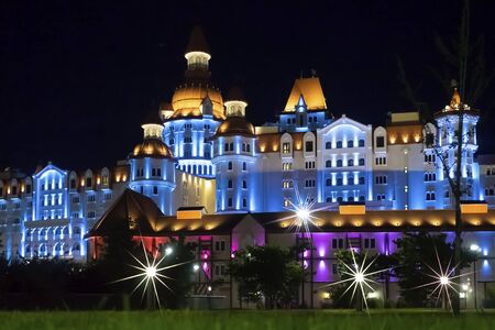 Sochi, Krasnodar Krai-June 9, 2018: Beautiful night landscape with a view of the illumination of Sochi Park.のeditorial素材