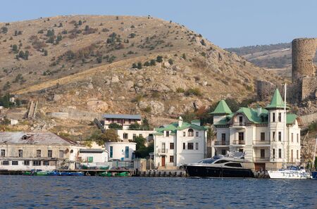 Balaklava, Crimea-October 19, 2017: Urban landscape with views of the Bay, buildings and the sea.のeditorial素材