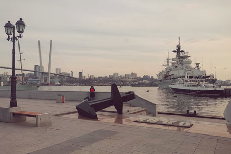 Vladivostok, Primorsky Krai - April 10, 2019: City landscape with a view of the Ship embankment.