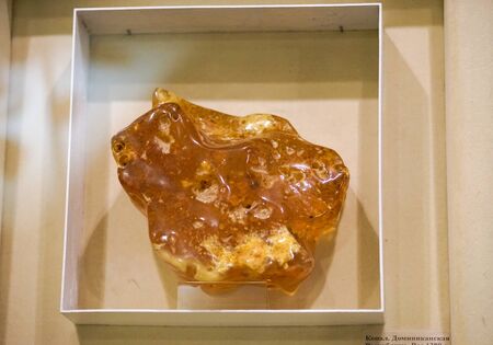 Kaliningrad, Russia-may 14, 2015: Amber Museum. Collection of objects of history and art. Large amber stone on a light surface.のeditorial素材
