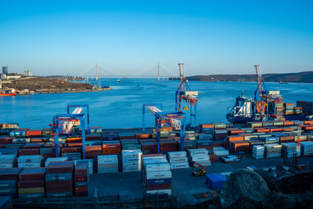 Vladivostok, Russia-March 28, 2020: Industrial landscape with a view of the port