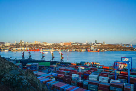 Vladivostok, Russia-March 28, 2020: Industrial landscape with a view of the portのeditorial素材