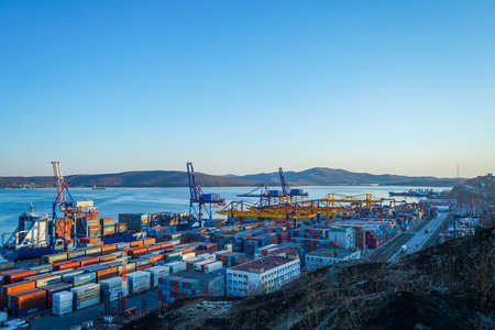 Vladivostok, Russia-March 28, 2020: Industrial landscape with a view of the portのeditorial素材