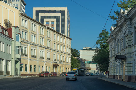 Vladivostok, Russia-August 19, 2018: Urban landscape with buildings and architecture.のeditorial素材