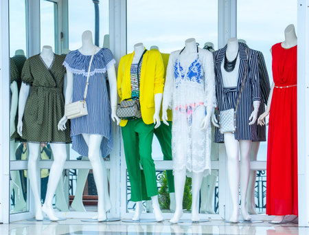 Sudak, Crimea-may 20, 2018: Mannequins in clothing and accessories in the store windowのeditorial素材