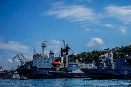 Sevastopol, Crimea-June 13, 2014: Seascape with ships in the Bay of the city.