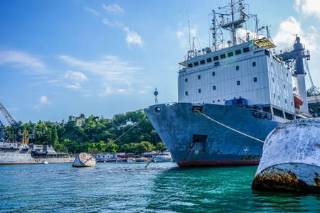 Sevastopol, Crimea-June 13, 2014: Seascape with ships in the Bay of the city.のeditorial素材