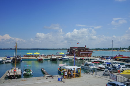 Anapa, Russia-June 22, 2014: Urban landscape with sea views and water transport.