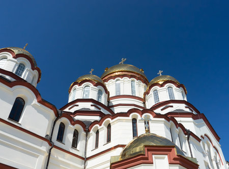 New Athos, Abkhazia -June 29, 2014: Mayan temple of the new Athos monastery Panteleimon Cathedral on...