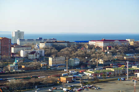 Vladivostok, Russia - April 12, 2020: Aerial overview of the cityscape.のeditorial素材