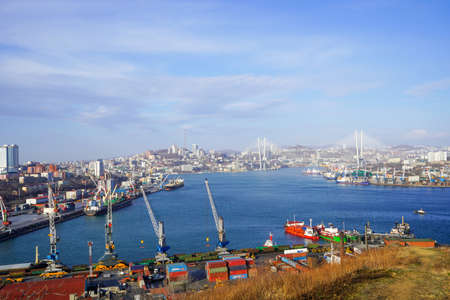 Vladivostok, Russia-April 11, 2020: Industrial landscape with a view of the port.のeditorial素材