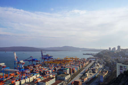 Vladivostok, Russia-April 11, 2020: Industrial landscape with a view of the port.のeditorial素材