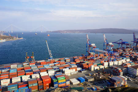 Vladivostok, Russia-April 11, 2020: Industrial landscape with a view of the port.のeditorial素材