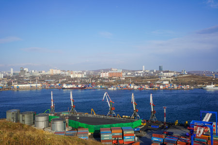 Vladivostok, Russia-April 11, 2020: Industrial landscape with a view of the port.のeditorial素材