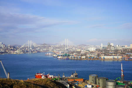 Vladivostok, Russia-April 11, 2020: Urban landscape with a view of the Golden horn Bay.のeditorial素材