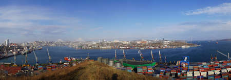 Vladivostok, Russia-April 11, 2020: Panorama of the city landscape with a view of the Golden horn Bay.のeditorial素材