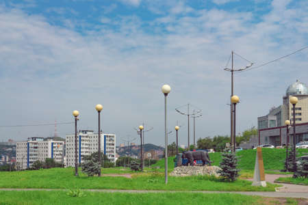 Vladivostok, Primorsky Krai-September 3, 2019: Urban landscape with a tiger sculptureのeditorial素材