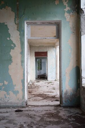 Interior of an abandoned railway station in Abkhaziaの写真素材