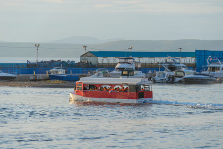 Vladivostok, Russia-September 30, 2018: Seascape with water transport on the background of the...