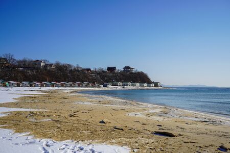 Marine landscape with views of the beach of the Bay of Anna in the winter. Primorsky Krai, Russiaの写真素材