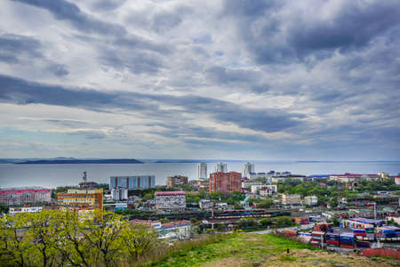 Vladivostok, Russia-may 11, 2020: Urban landscape with sea view.のeditorial素材