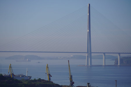 Seascape with a view of the Russian bridge and ships in the Bay. Vladivostok, Russia