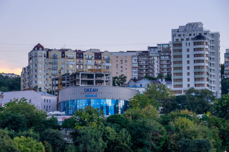 Vladivostok, Russia-September 30, 2018: Urban landscape with a view of the Ocean cinema and...