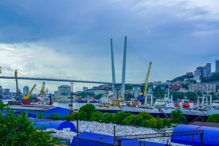 Vladivostok, Russia-June 6, 2020: Industrial landscape with a port and cranes in the Golden horn Bayのeditorial素材