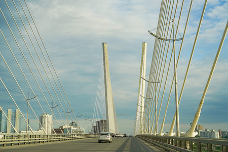 Vladivostok, Russia-June 6, 2020: Urban landscape with traffic on the Golden bridge.