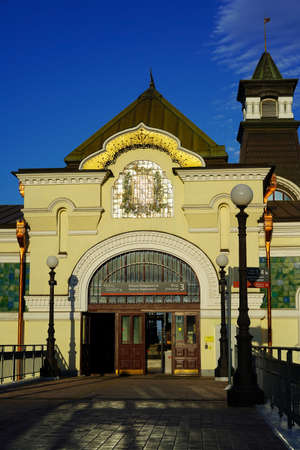 Vladivostok, Russia-June 12, 2020: Urban landscape with a view of the old railway station building.のeditorial素材