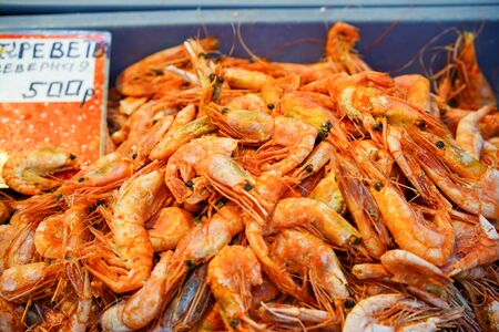 Seafood in the window of the shopping pavilion of the city market. Vladivostok, Russiaの写真素材