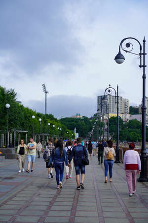 Vladivostok, Russia-July 6, 2020: Urban landscape with a view of the Sports embankment.のeditorial素材