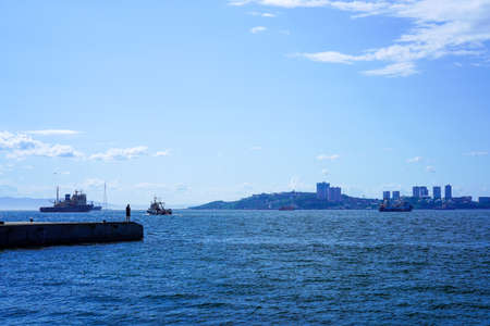 Vladivostok, Russia-July 1, 2020: Seascape in blue tones. The natural backgroundのeditorial素材